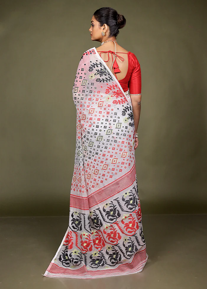 White Tant Jamdani Saree Without Blouse Piece - Image 3