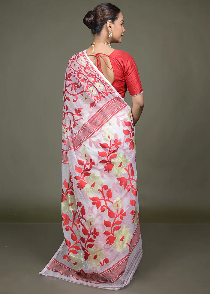 White Tant Jamdani Saree Without Blouse Piece - Image 3