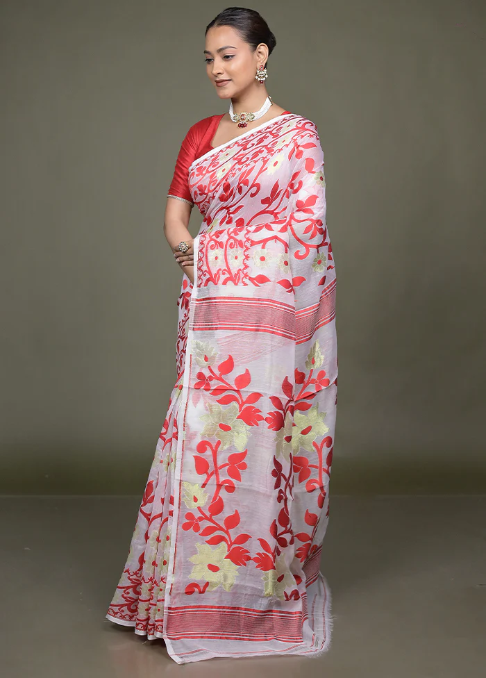 White Tant Jamdani Saree Without Blouse Piece - Image 4