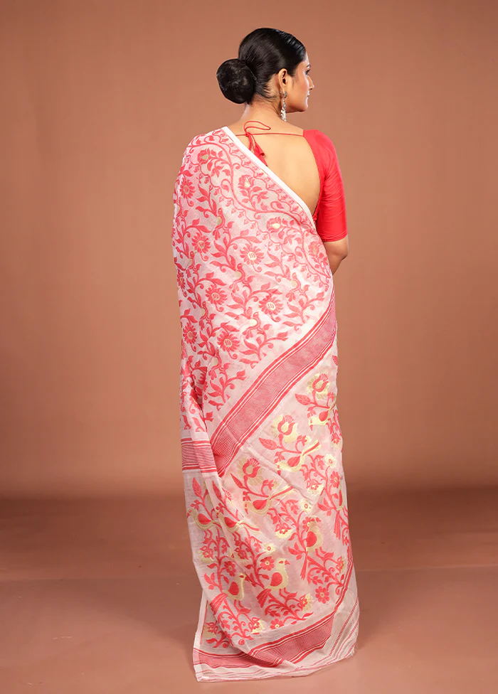 White Jamdani Cotton Saree Without Blouse Piece - Image 3