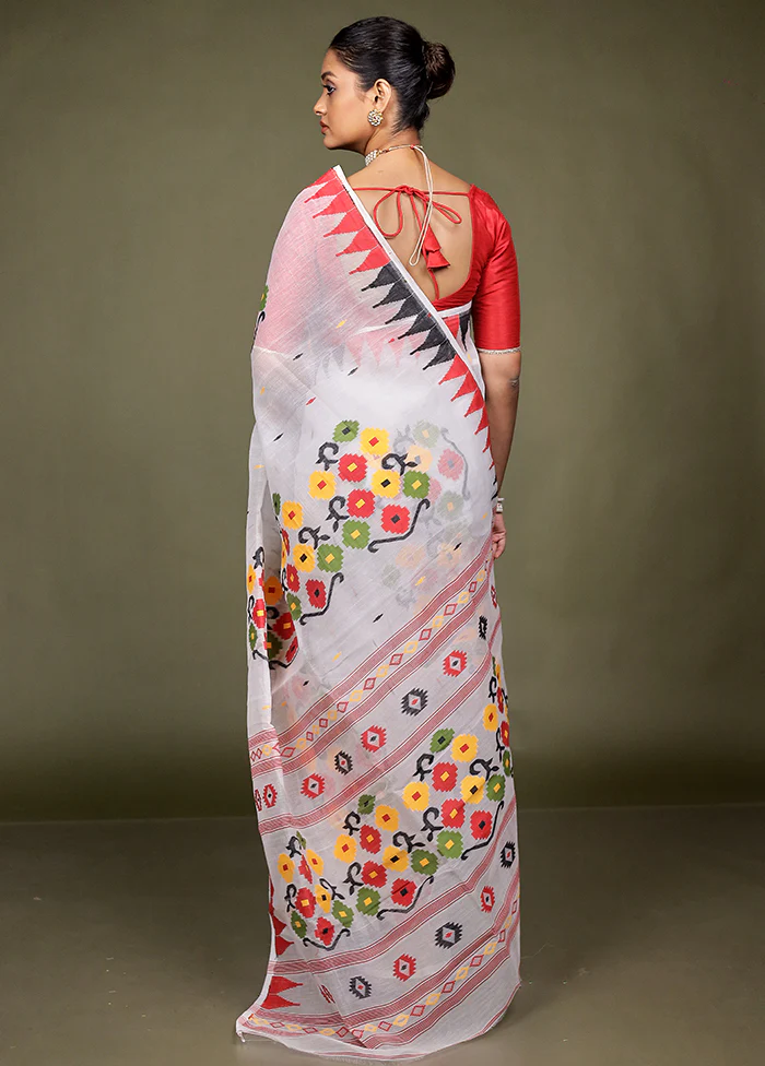 White Tant Jamdani Saree Without Blouse Piece - Image 3