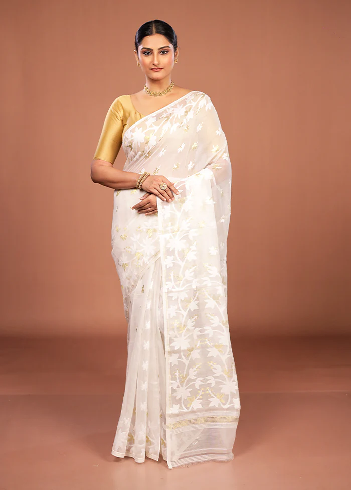 White Jamdani Cotton Saree Without Blouse Piece - Image 2