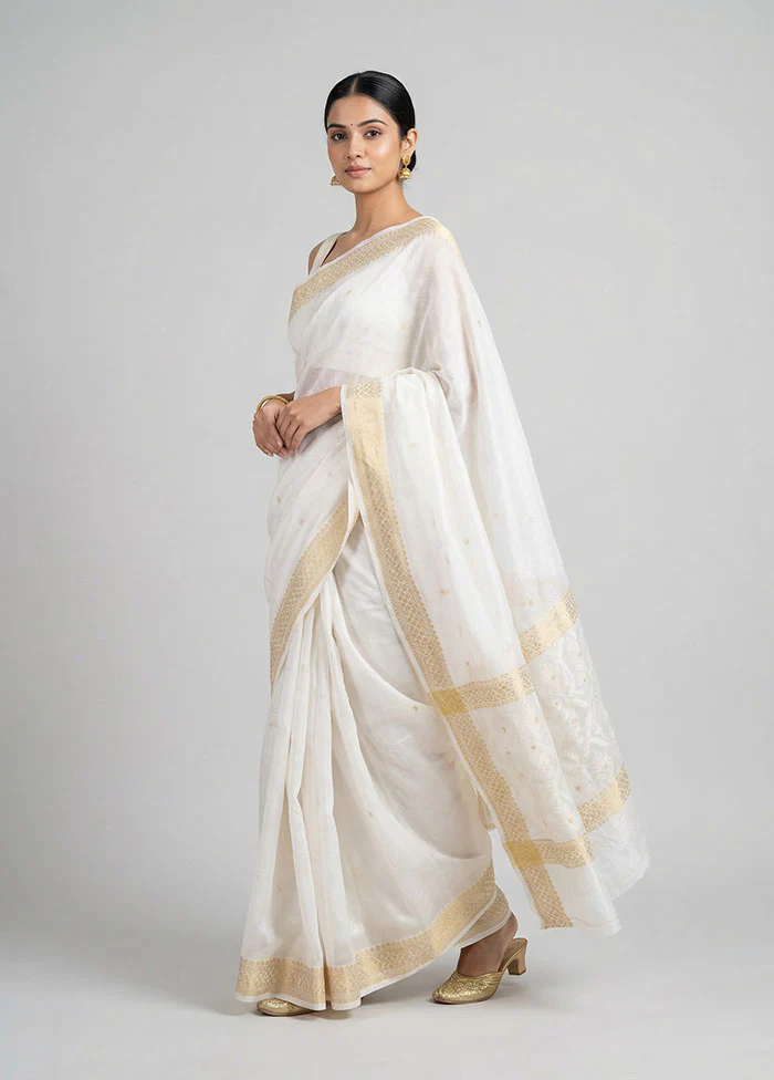 White Jamdani Cotton Saree Without Blouse Piece