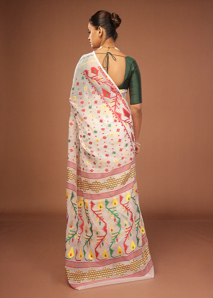 White Jamdani Cotton Saree Without Blouse Piece - Image 3