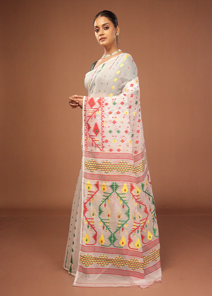 White Jamdani Cotton Saree Without Blouse Piece - Image 4