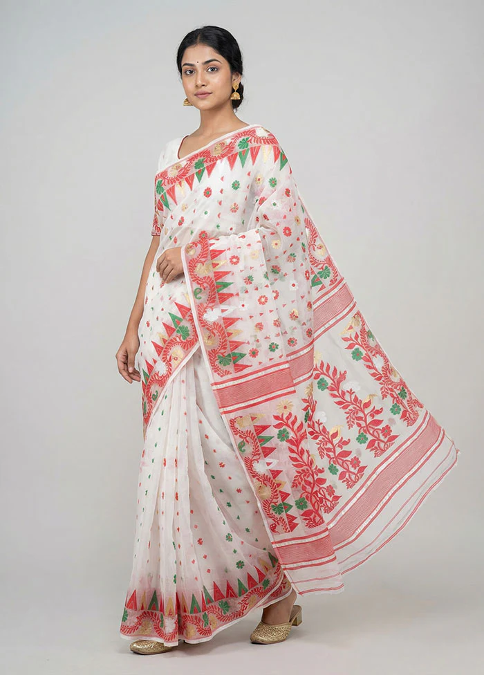 White Jamdani Cotton Saree Without Blouse Piece