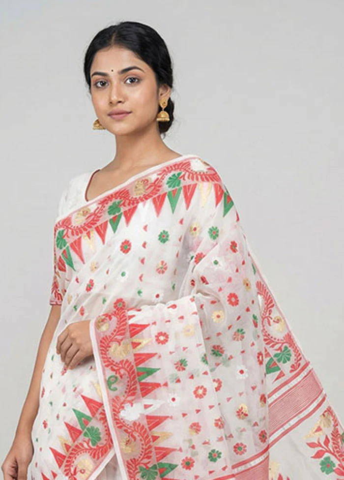 White Jamdani Cotton Saree Without Blouse Piece - Image 2