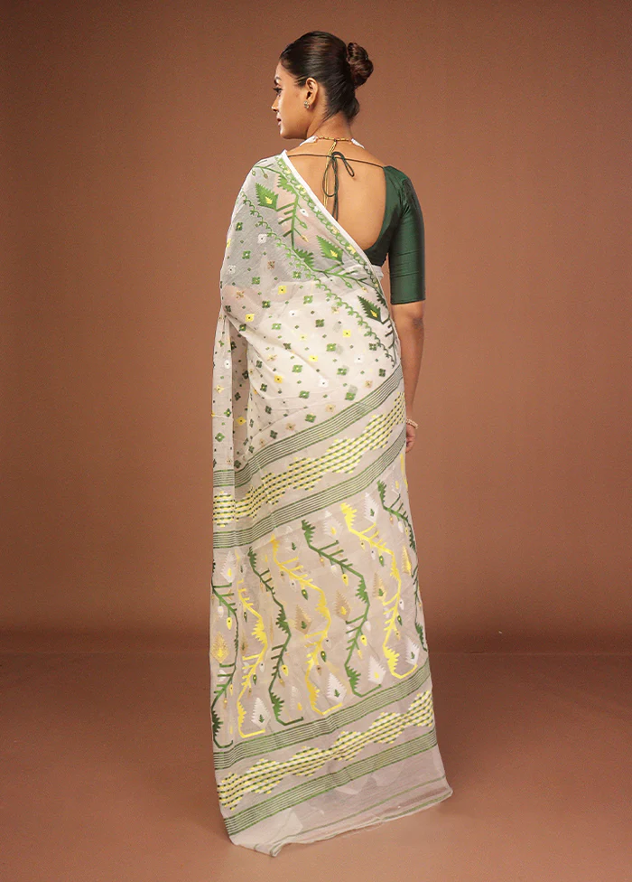 White Jamdani Cotton Saree Without Blouse Piece - Image 3