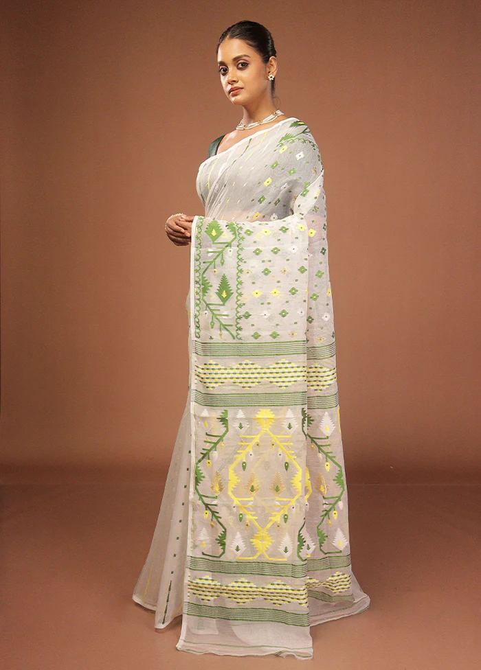 White Jamdani Cotton Saree Without Blouse Piece - Image 4