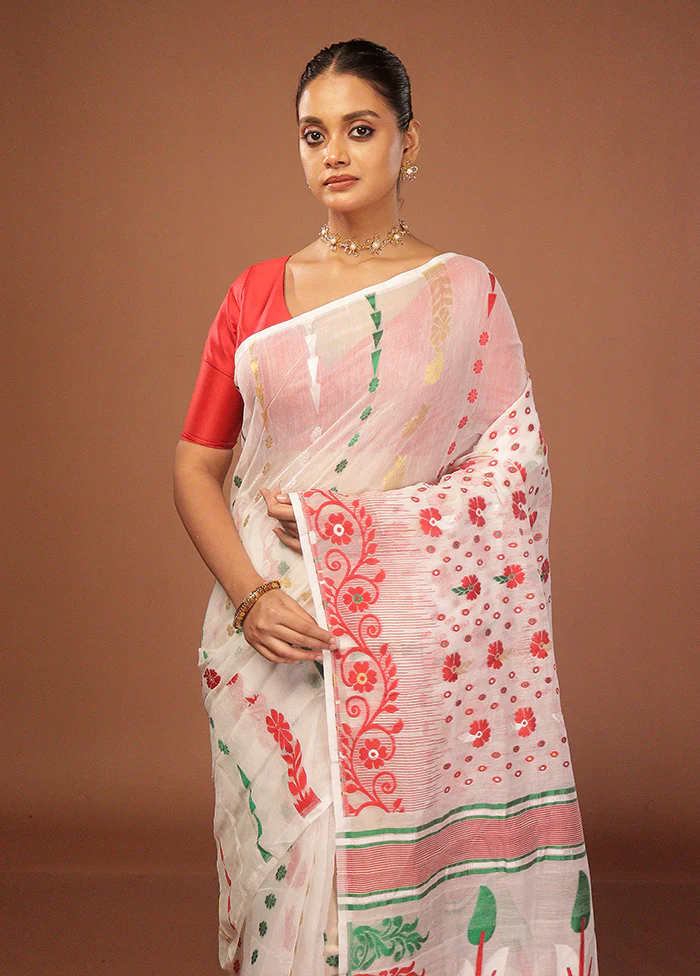 White Jamdani Cotton Saree Without Blouse Piece