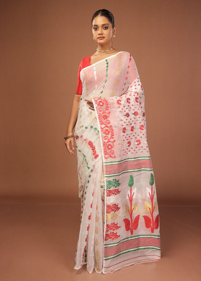 White Jamdani Cotton Saree Without Blouse Piece - Image 2