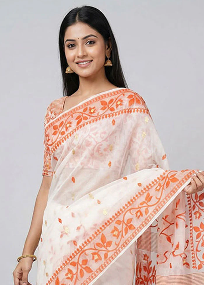 White Jamdani Cotton Saree Without Blouse Piece - Image 2