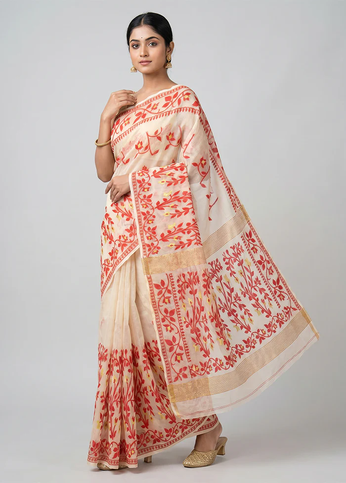 White Jamdani Cotton Saree Without Blouse Piece