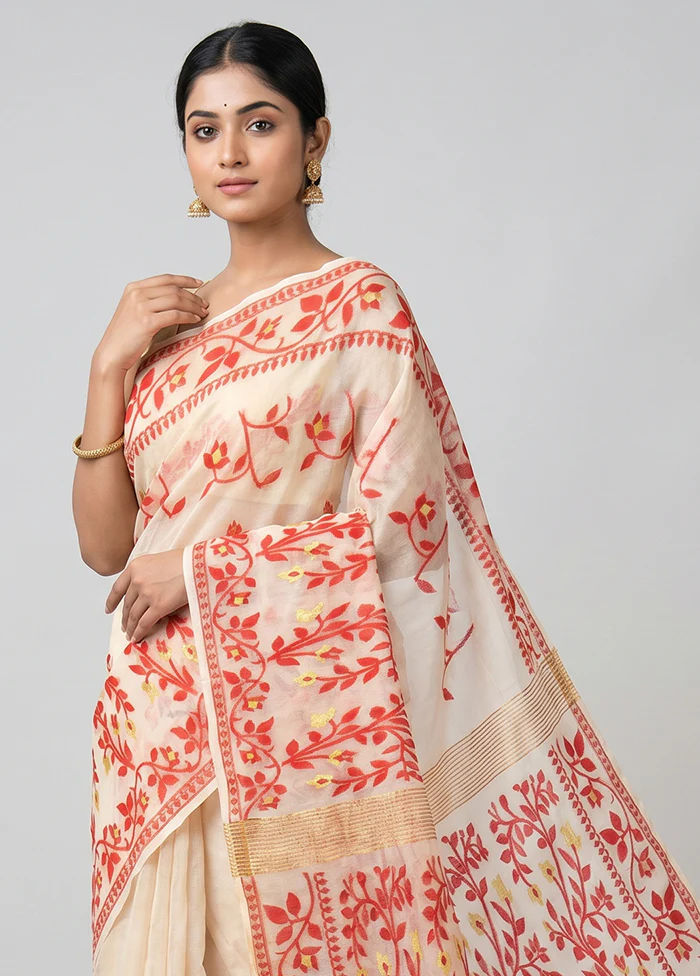 White Jamdani Cotton Saree Without Blouse Piece - Image 2