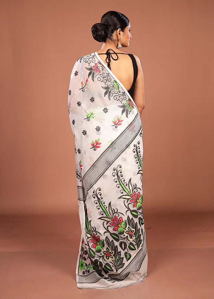White Jamdani Cotton Saree Without Blouse Piece - Image 3
