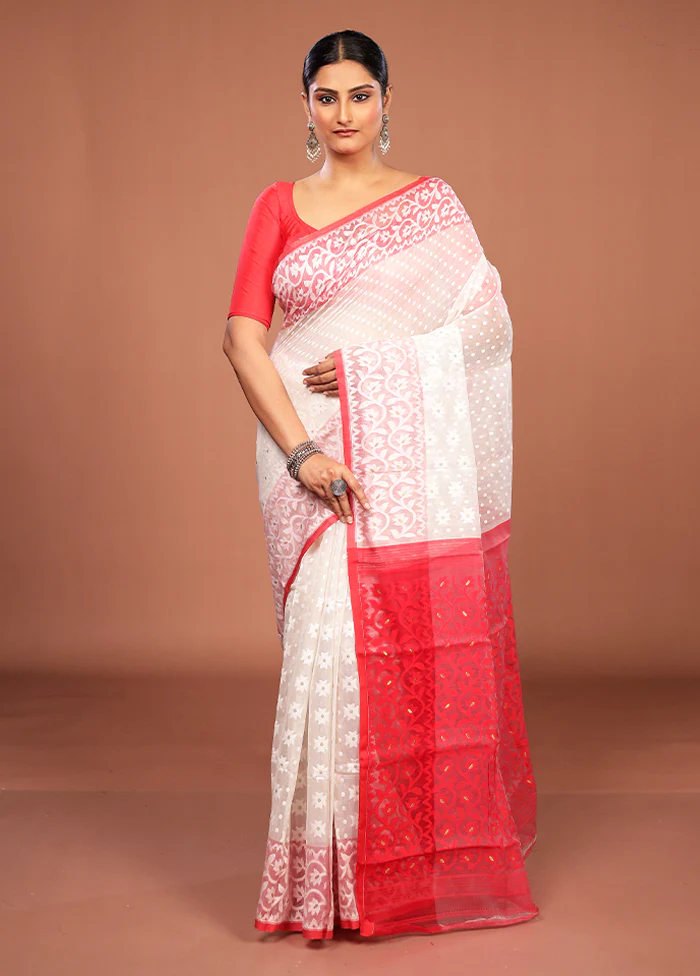 White Jamdani Cotton Saree Without Blouse Piece - Image 2