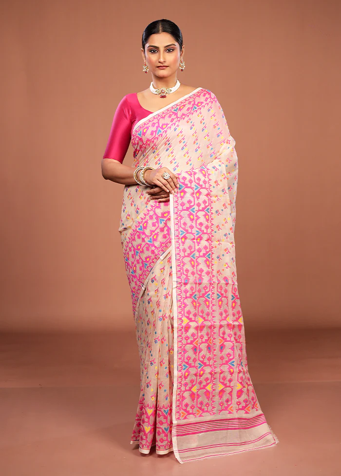 White Jamdani Cotton Saree Without Blouse Piece - Image 2