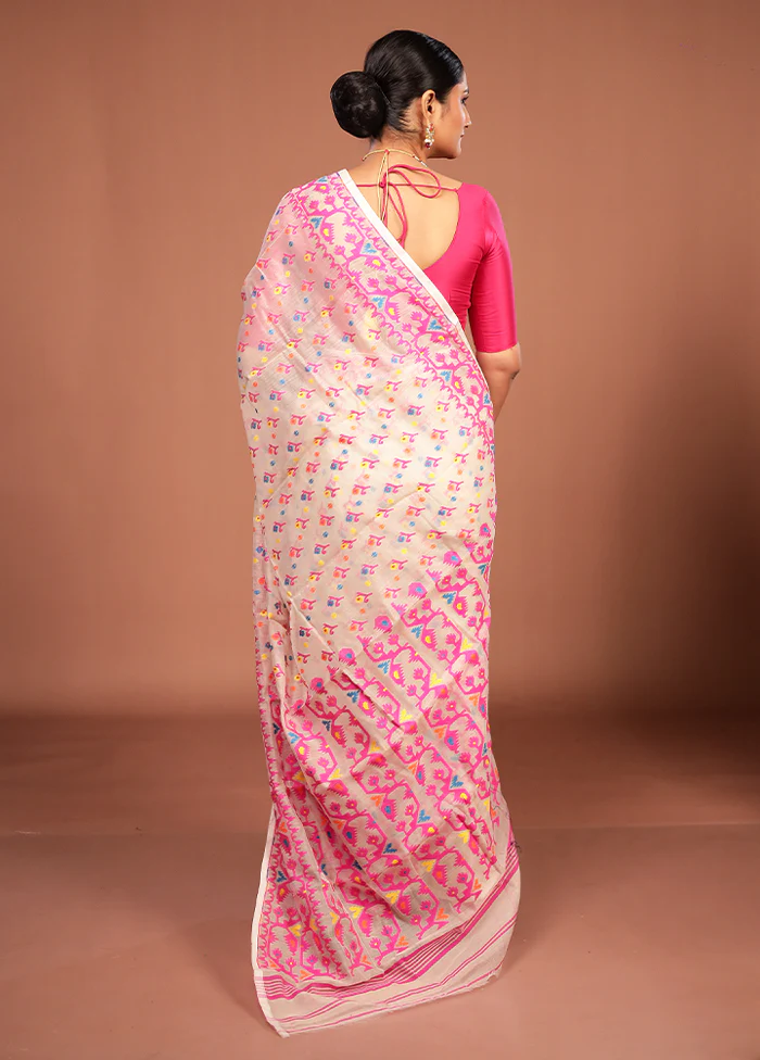 White Jamdani Cotton Saree Without Blouse Piece - Image 3