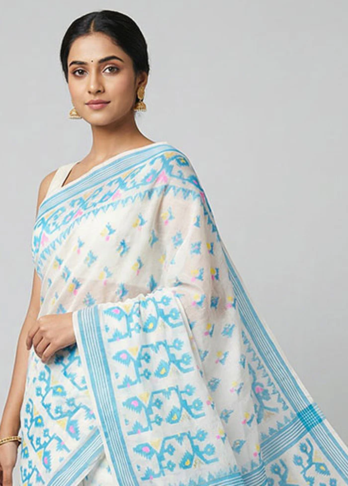 White Jamdani Cotton Saree Without Blouse Piece - Image 2