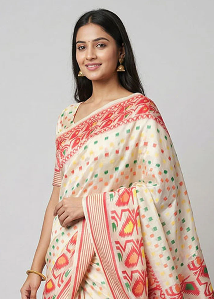 White Jamdani Cotton Saree Without Blouse Piece - Image 2