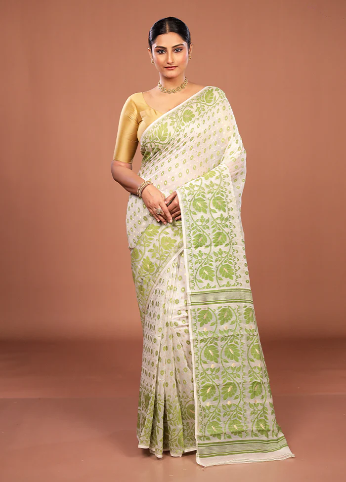 White Jamdani Cotton Saree Without Blouse Piece - Image 2