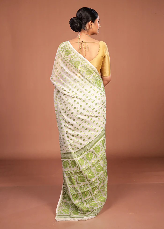 White Jamdani Cotton Saree Without Blouse Piece - Image 3