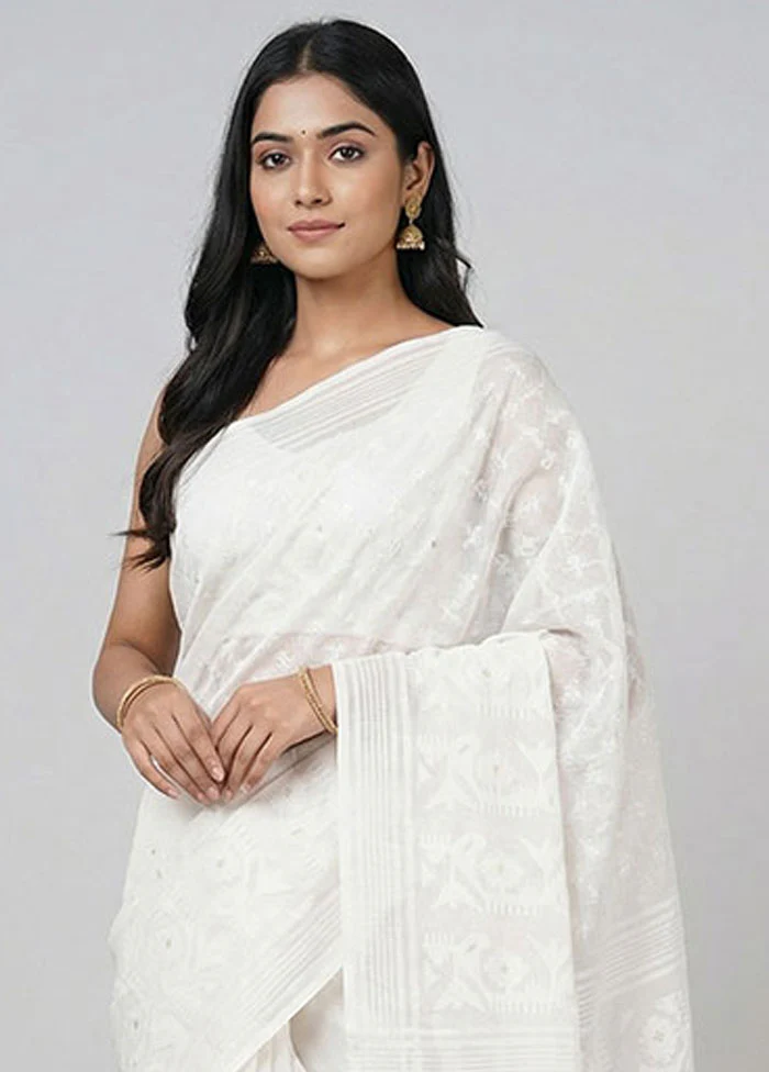 White Jamdani Cotton Saree Without Blouse Piece - Image 2