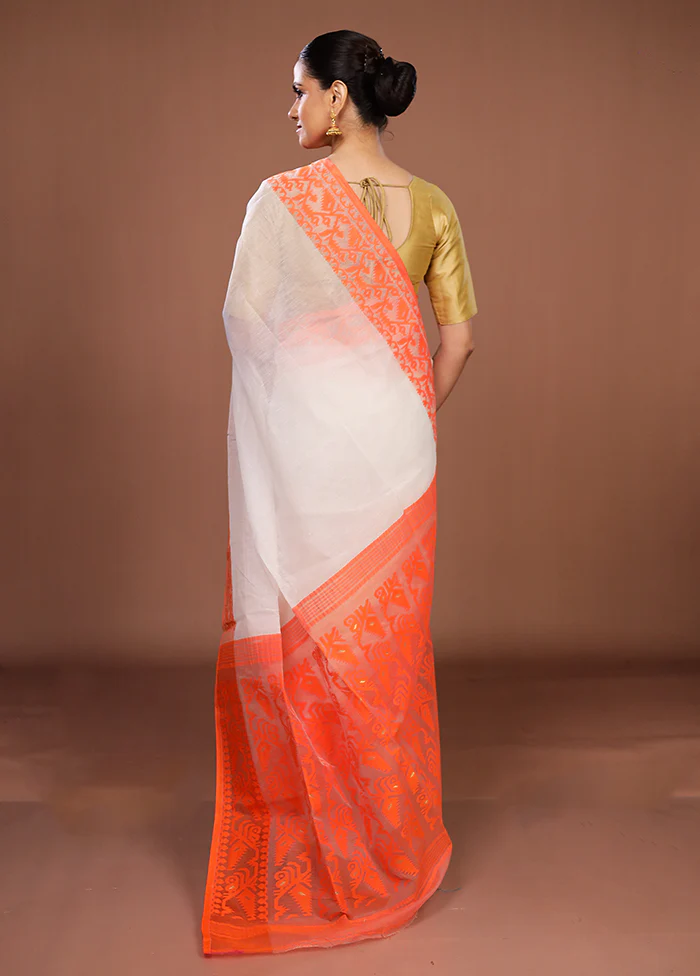 White Jamdani Cotton Saree Without Blouse Piece - Image 3