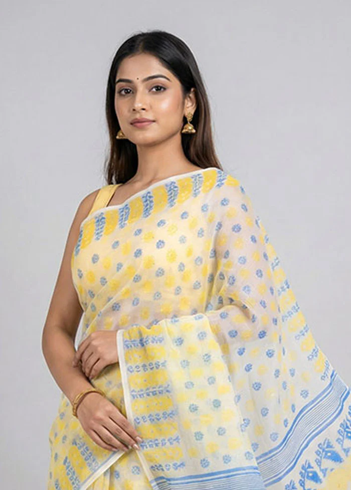 White Jamdani Cotton Saree Without Blouse Piece - Image 2