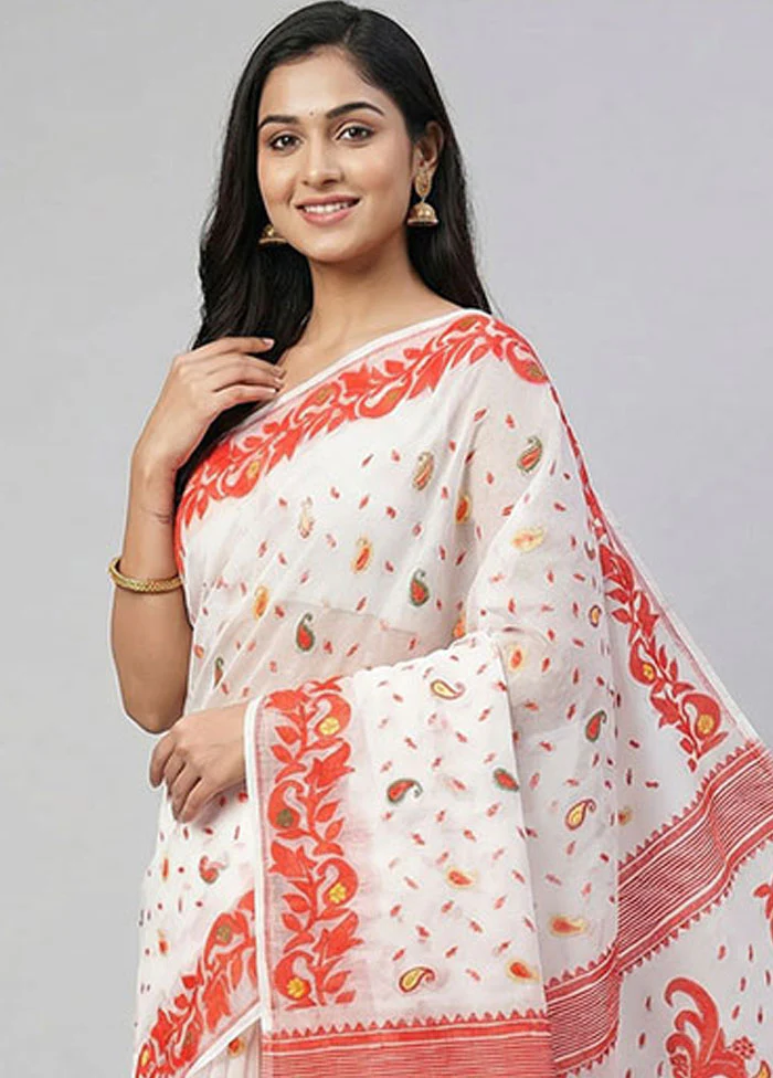 White Jamdani Cotton Saree Without Blouse Piece - Image 2