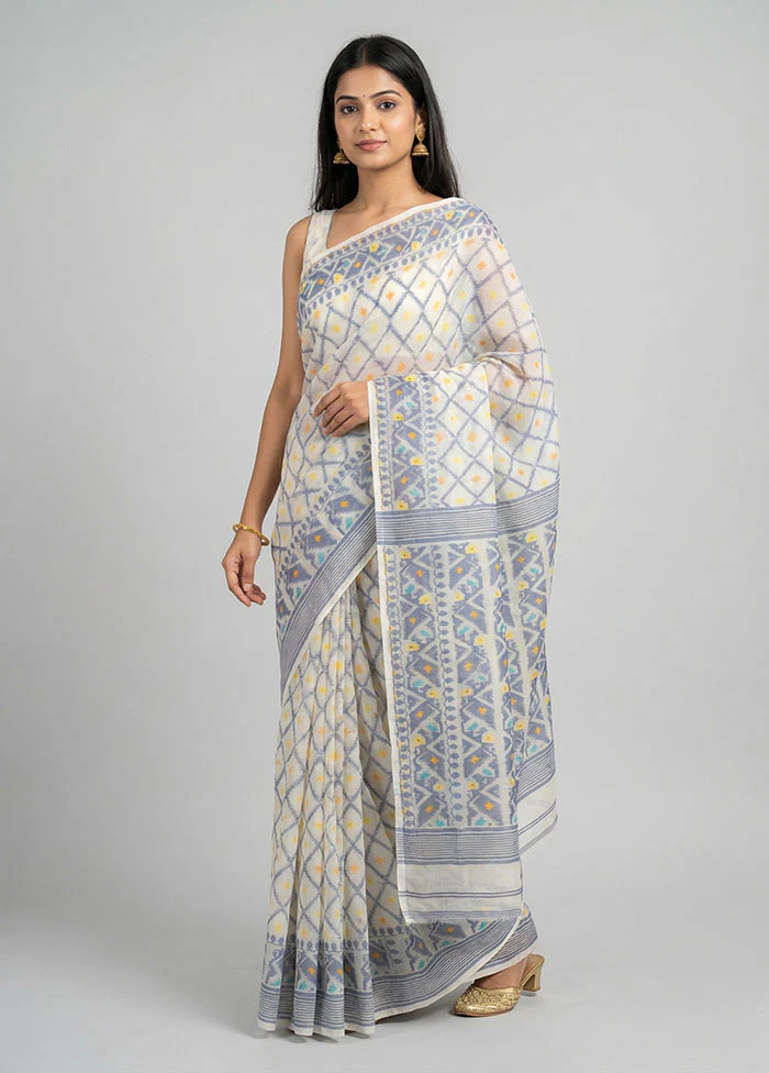 White Jamdani Cotton Saree Without Blouse Piece