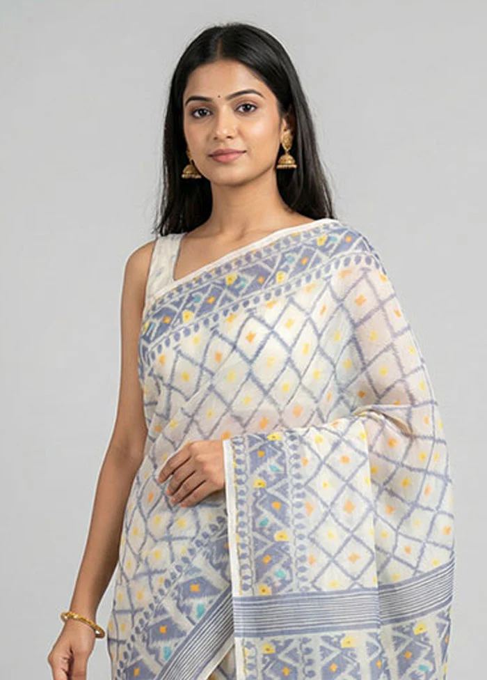 White Jamdani Cotton Saree Without Blouse Piece - Image 2
