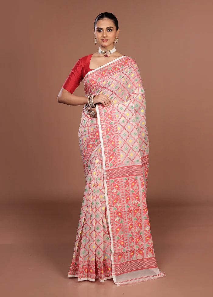 White Jamdani Cotton Saree Without Blouse Piece - Image 2