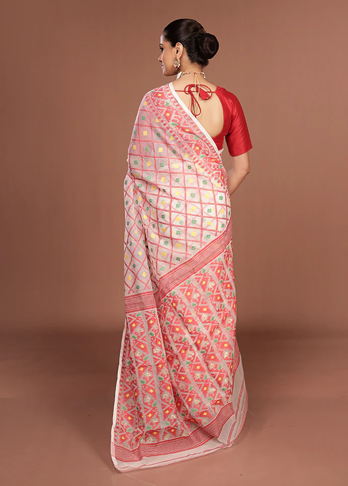 White Jamdani Cotton Saree Without Blouse Piece - Image 3