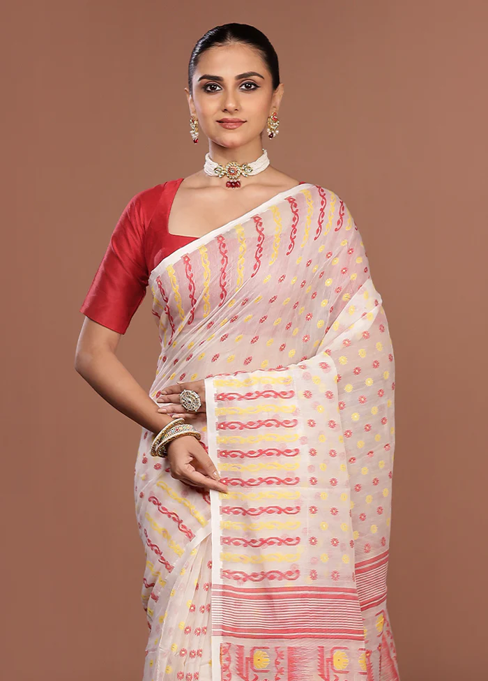 White Jamdani Cotton Saree Without Blouse Piece