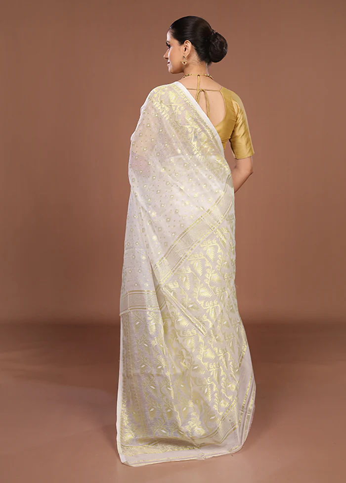 White Jamdani Cotton Saree Without Blouse Piece - Image 3