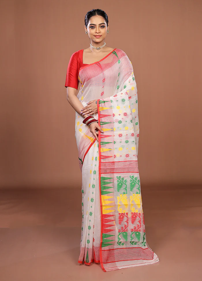 White Jamdani Cotton Saree Without Blouse Piece - Image 2
