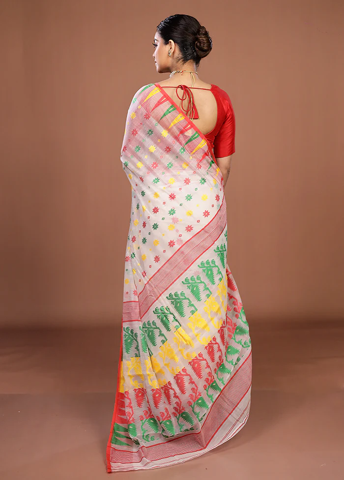 White Jamdani Cotton Saree Without Blouse Piece - Image 3