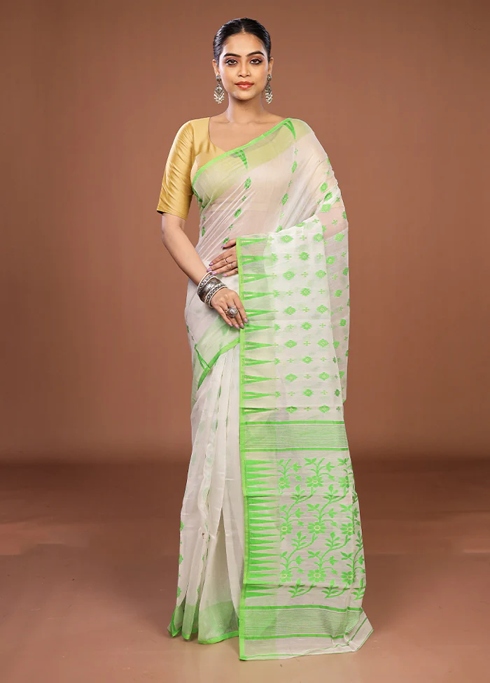 White Jamdani Cotton Saree Without Blouse Piece - Image 2