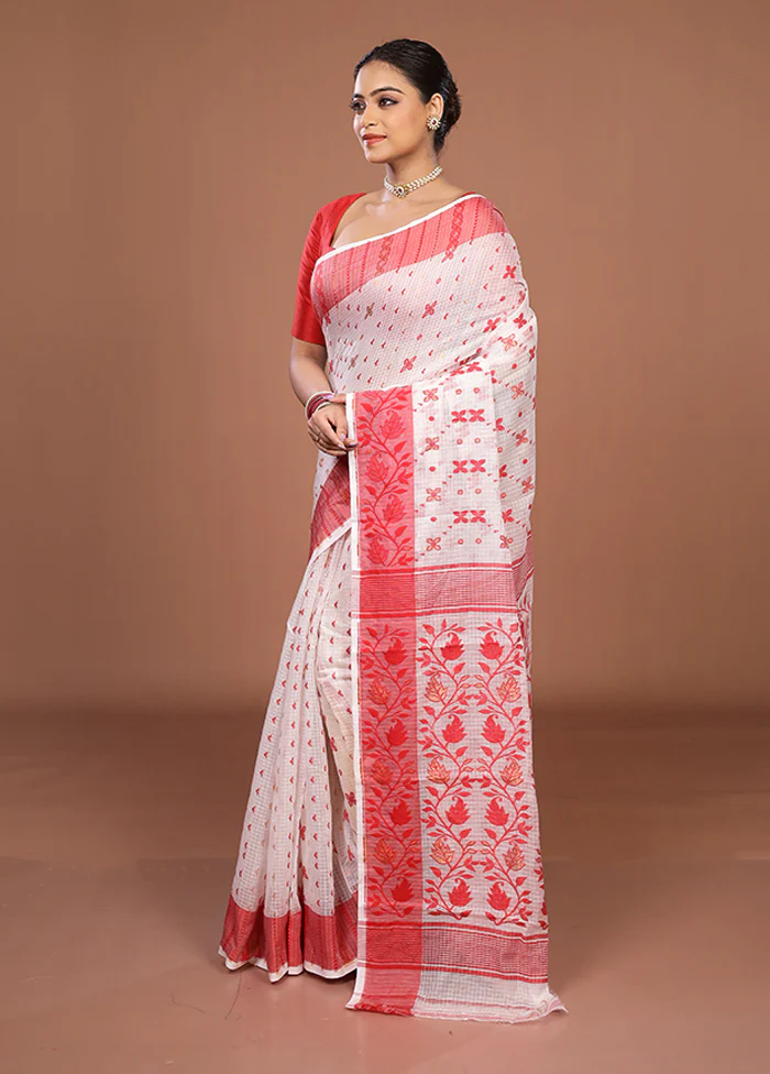 White Jamdani Cotton Saree Without Blouse Piece - Image 4
