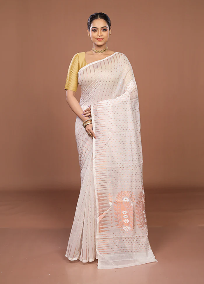 White Jamdani Cotton Saree Without Blouse Piece - Image 2