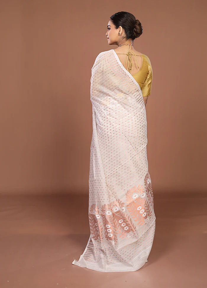 White Jamdani Cotton Saree Without Blouse Piece - Image 3