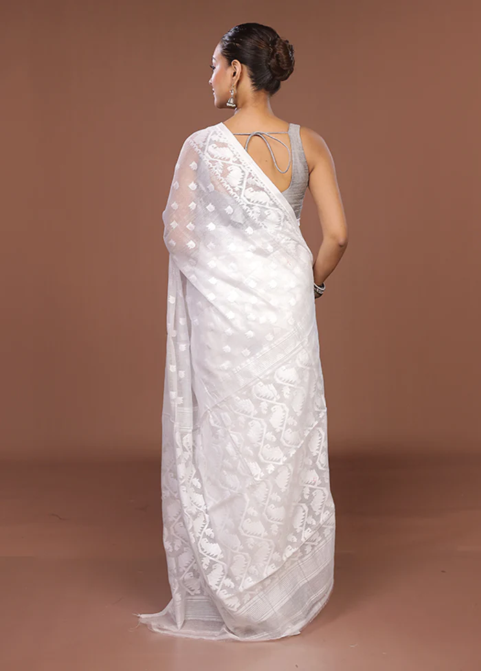 White Jamdani Cotton Saree Without Blouse Piece - Image 3