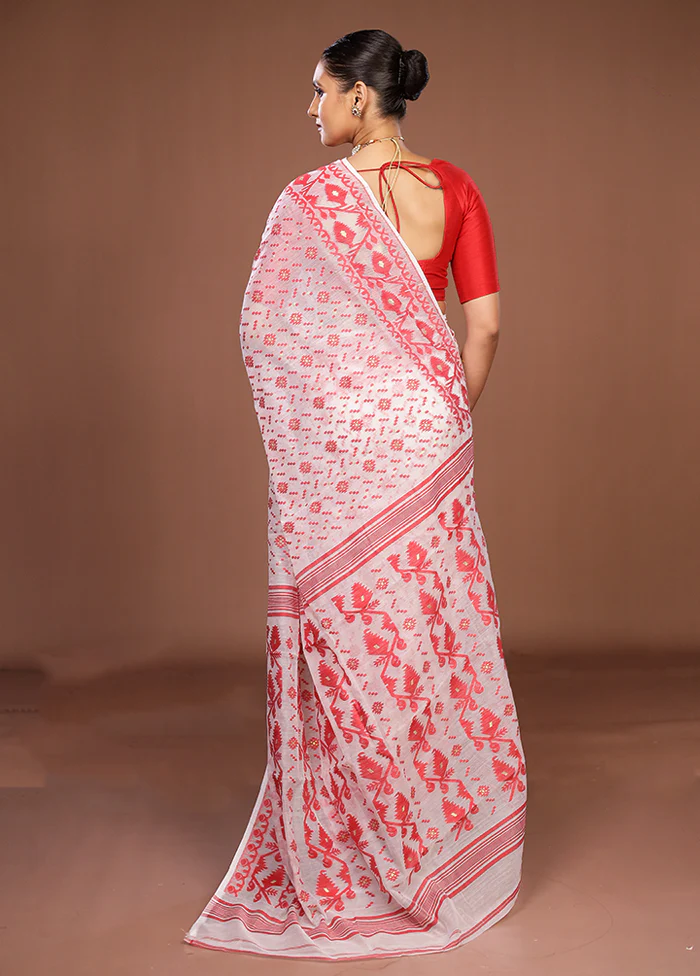 White Jamdani Cotton Saree Without Blouse Piece - Image 3