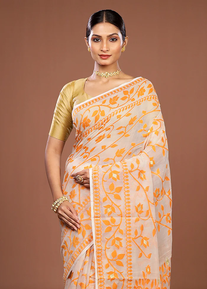 White Jamdani Cotton Saree Without Blouse Piece