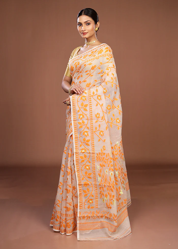 White Jamdani Cotton Saree Without Blouse Piece - Image 4