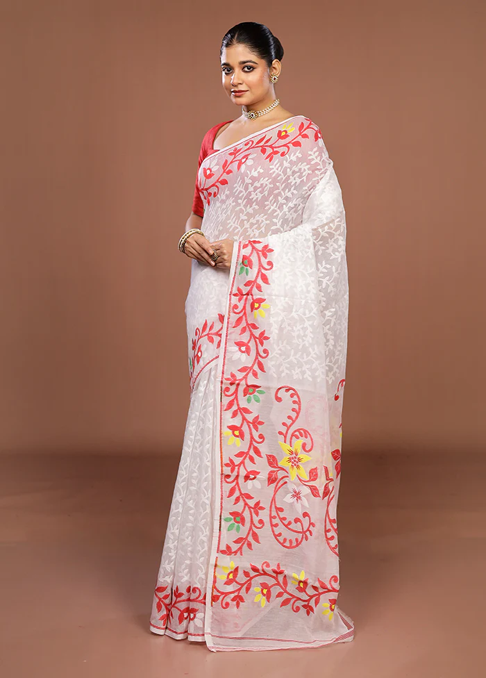 White Jamdani Cotton Saree Without Blouse Piece - Image 4