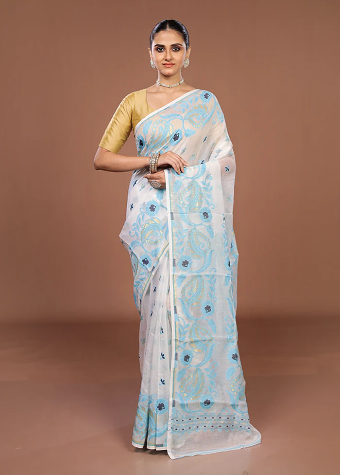 White Jamdani Cotton Saree Without Blouse Piece - Image 2