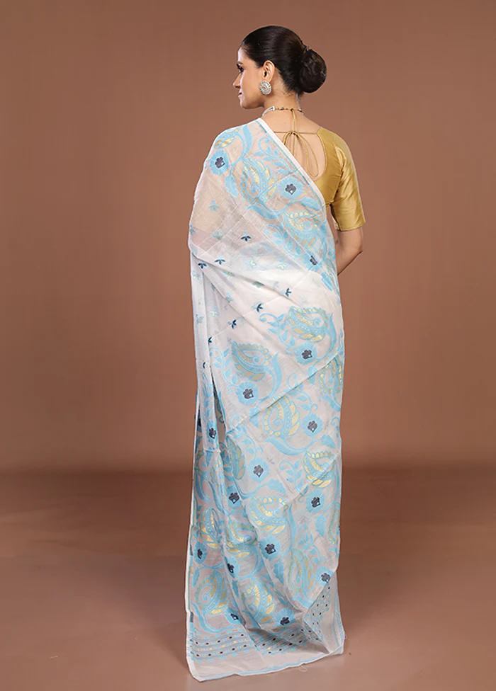 White Jamdani Cotton Saree Without Blouse Piece - Image 3