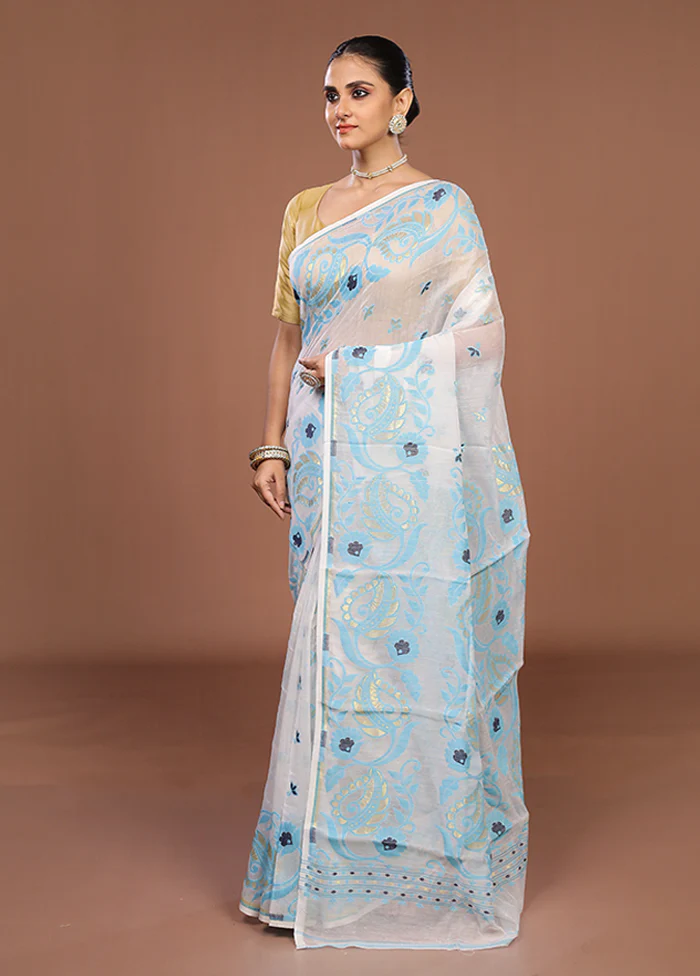 White Jamdani Cotton Saree Without Blouse Piece - Image 4